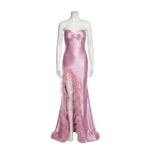 NEW JOVANI feather trimmed slit satin gown in pink